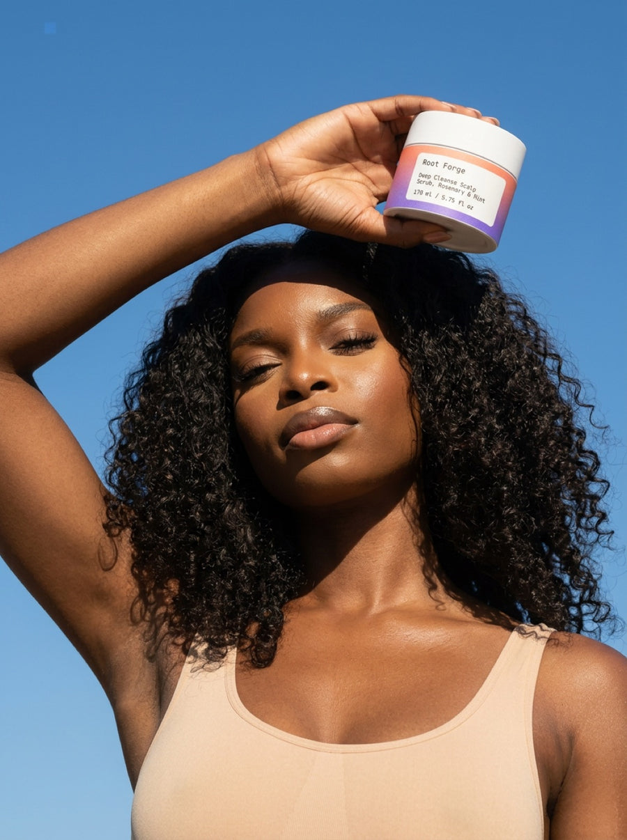 Frau mit lockigem Haar hält den Root Forge Deep Cleanse Scalp Scrub mit Rosmarin und Minze vor blauem Himmel