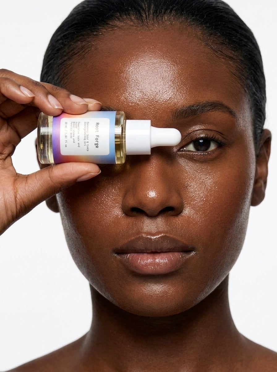 Model hält das Root Forge Rosemary Hair & Scalp Strengthening Oil ans Gesicht